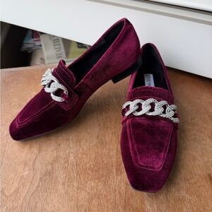 Steve Madden Burgundy Velvet Loafers with Silver Chain